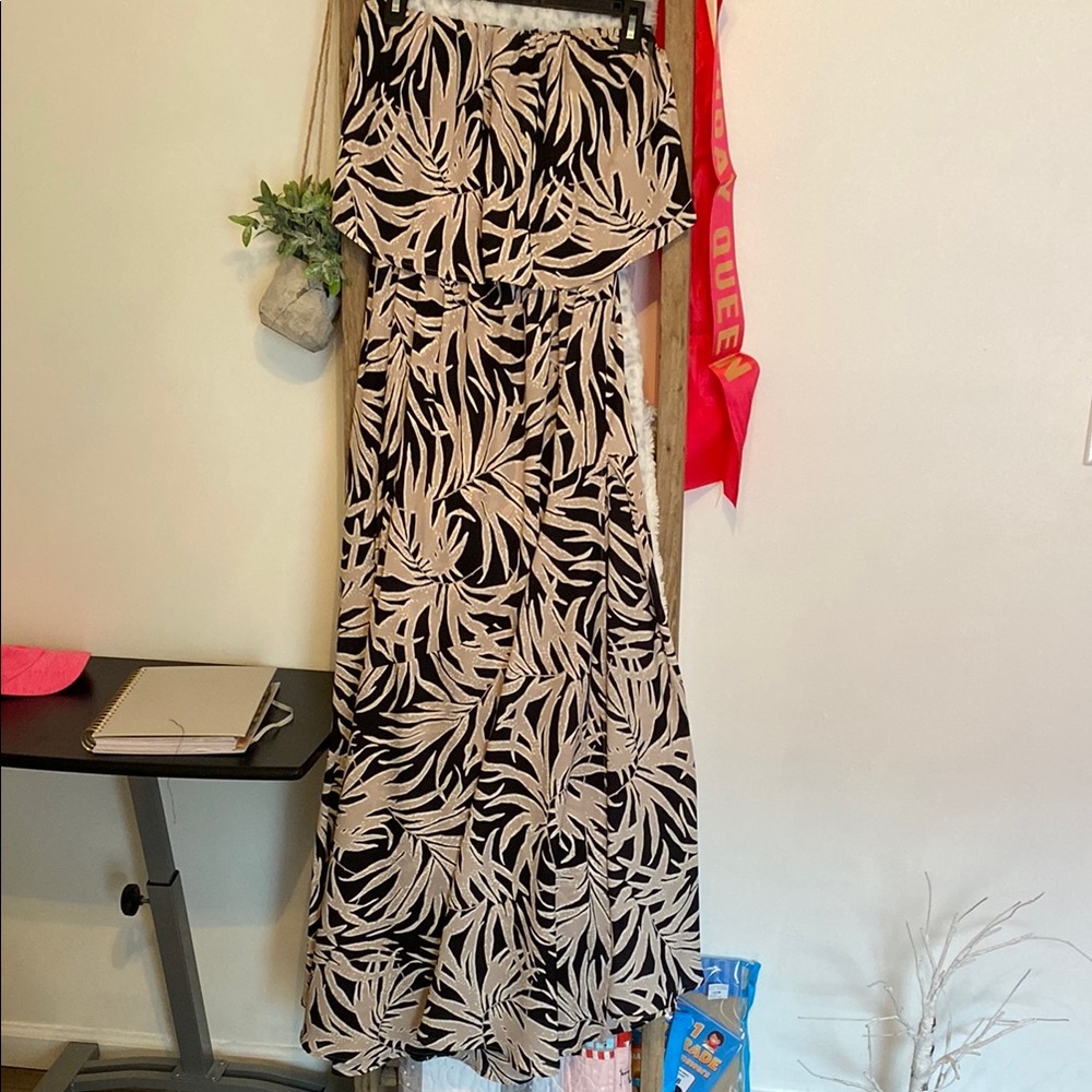 Black and Beige Leaf Print Maxi Dress Boutique